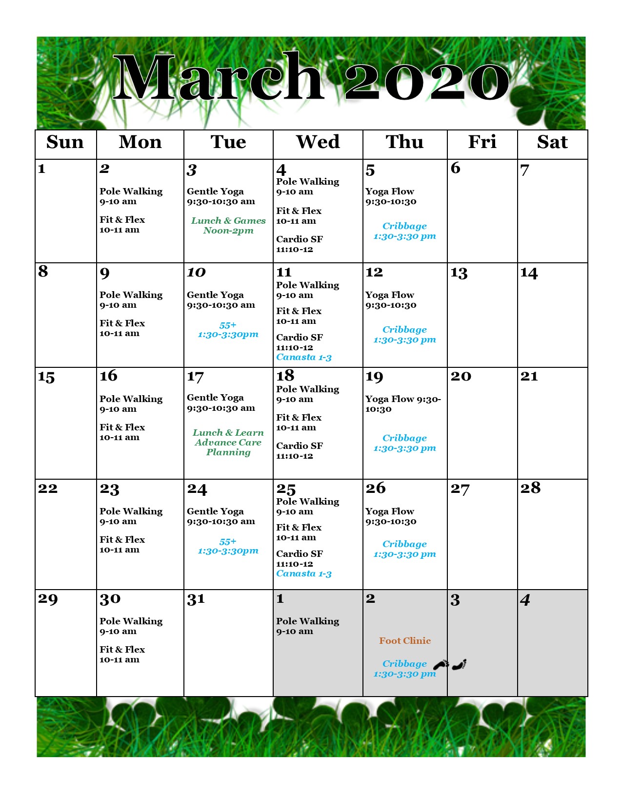 Current Month Calendar Headingley Seniors Services